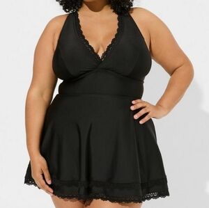 Torrid Wireless Mid Lace Trimmed Swim Dress With Brief